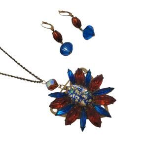 Vintage Blue and Orange Rhinestone with AB Beads Necklace & Earrings Set